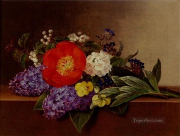  Borde Pintura - Lilas Violetas Pensamientos Esquejes de espino y peonías sobre un borde de mármol Flor de Johan Laurentz Jensen